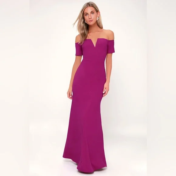 Lulus Magenta Off Shoulder Maxi Dress Formal Wedding Bridesmaid Gown NWT Size M - Picture 6 of 17